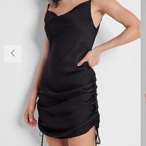 Zara Black Satin Cowl Neck Cocktail Dress with Ruched Tie Up Sides | Size: xs